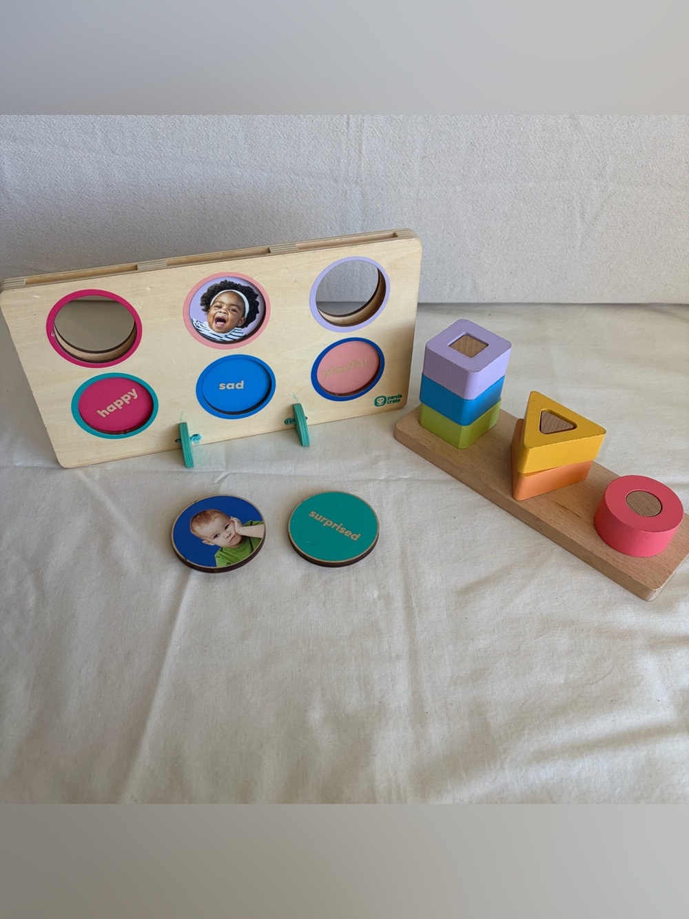 KiwiCo Wooden Emotion Stacker and Stacking Peg Shape Puzzle